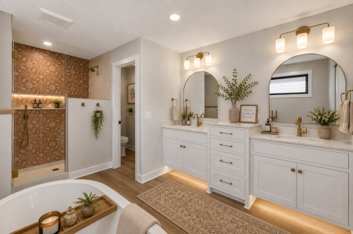 Virtually staged primary bathroom ensuite with: double sinks, floating tub, convenience lighting, fully tiled shower, separate toilet room, and built-in dresser! **shower will have a frameless glass door.