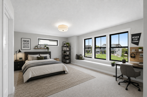 Virtually staged bedroom #4 complete with it's own full bathroom, a ledge for seating and a walk-in closet