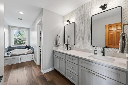 Dual sinks in the updated primary bathroom