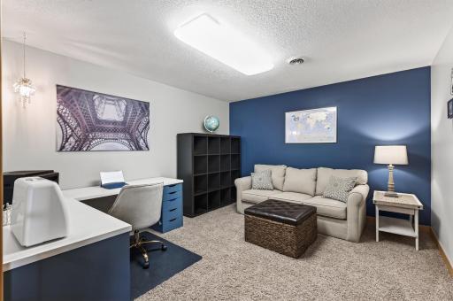 Lower level office is cozy and functional.