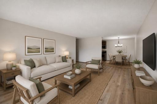 The living room is just off of the dining room, making for a nice open floorplan, virtually staged