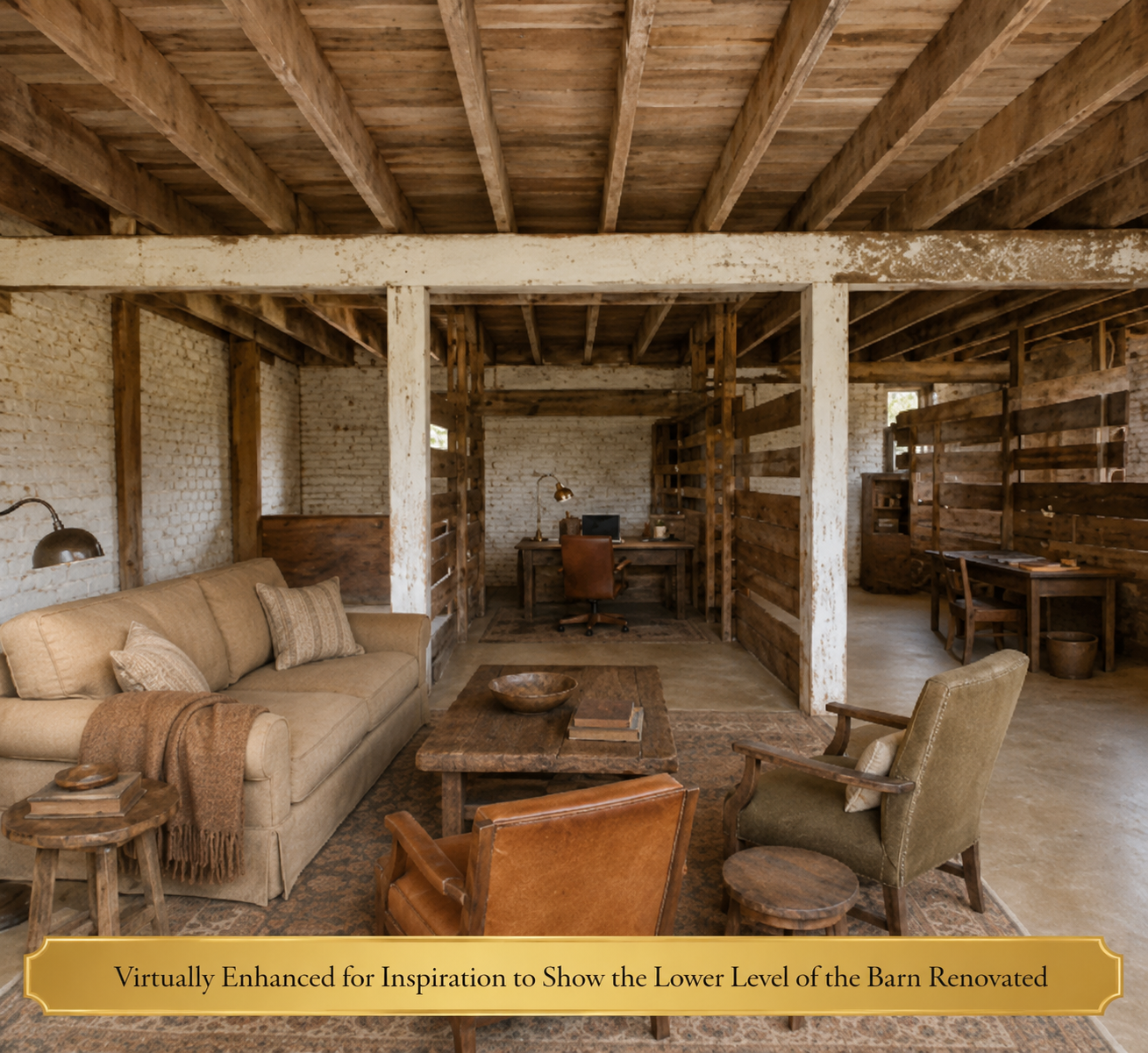 The lower level of the barn has been cleared and given some light finishing touches. With its dirt floor, it’s an ideal space for animals if you’ve been dreaming of starting a hobby farm or want horses, an office or extra living space.