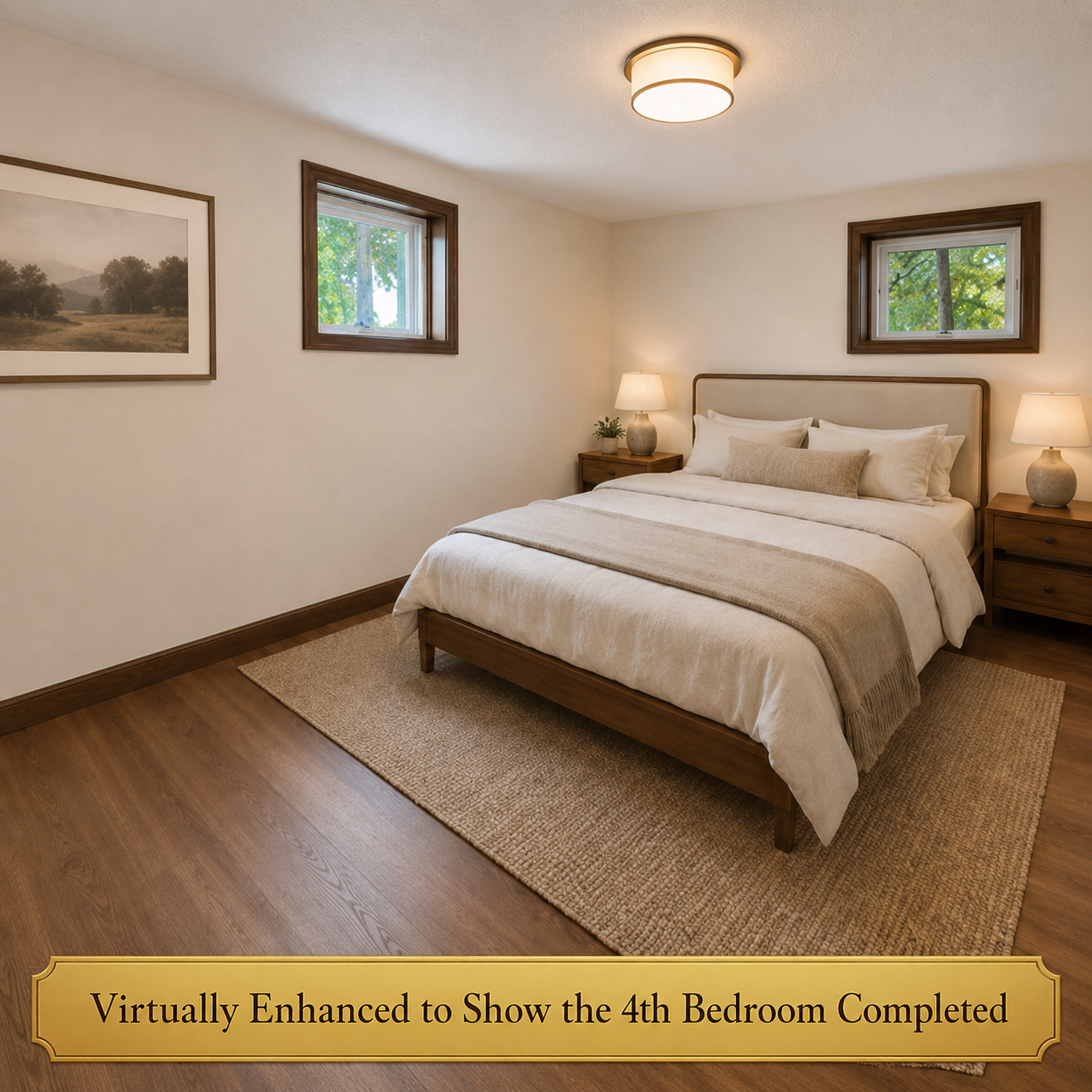 Virtually staged and finished main floor bedroom to depict what the room would appear like when completely finished..