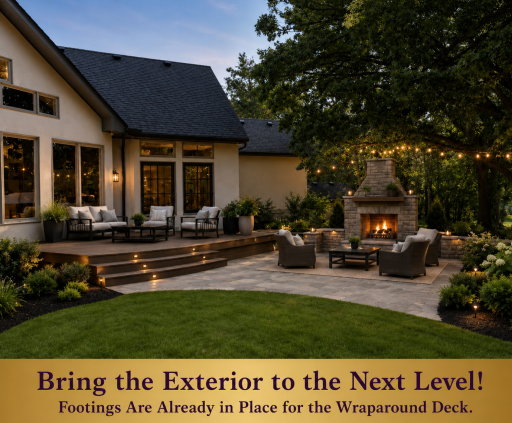 Inspiration photo—showing how finishing these spaces could boost the home into its next price tier. See the previous photo, as there are footings in place to add a wraparound deck.