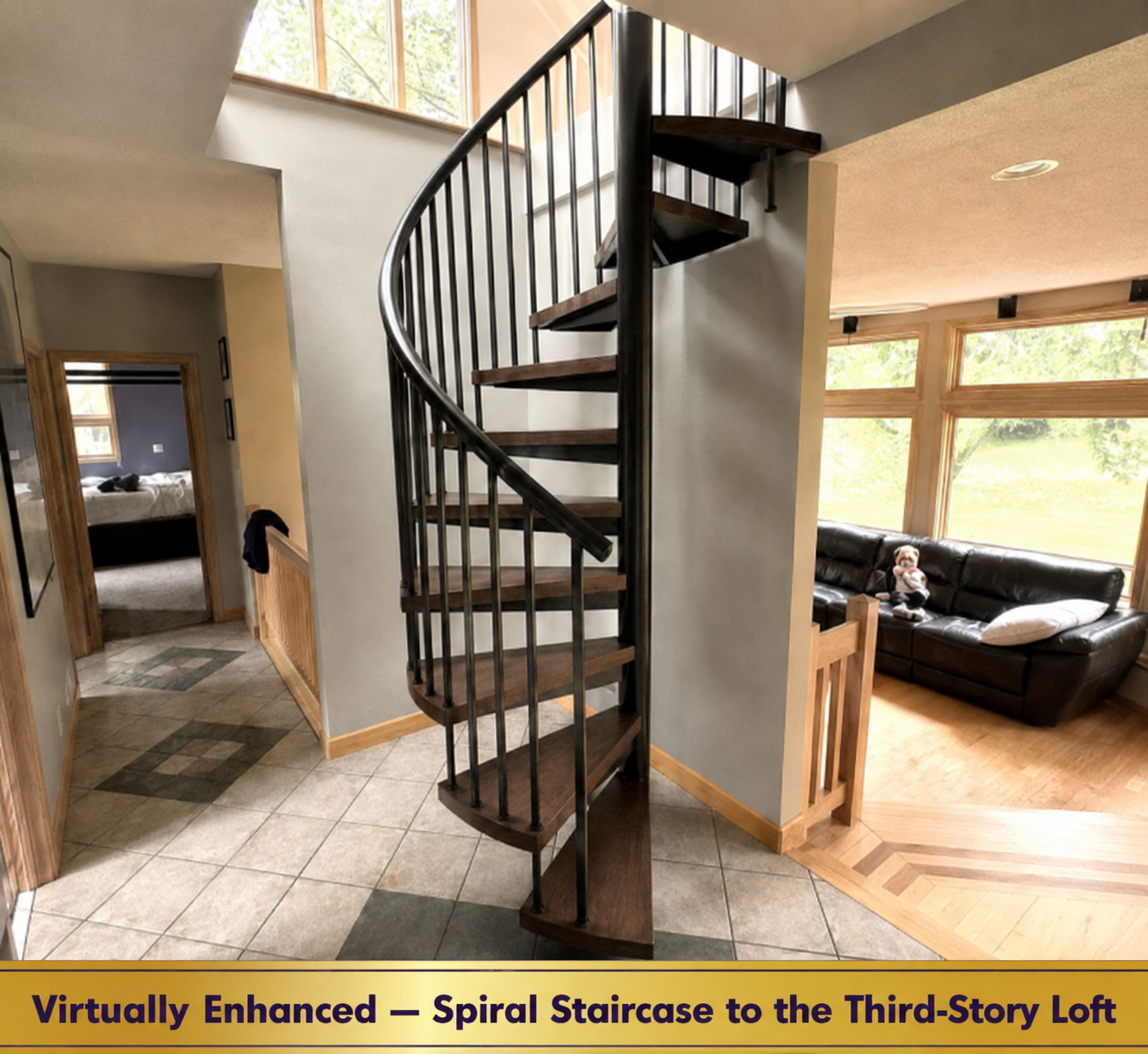 Virtually enhanced image paired with “as is” photo to show both the current stage and potential finished presentation — illustrating how completing this space would look. These stair ideas range form $600 to under $2,000.