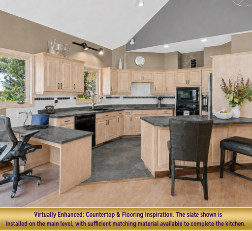 The kitchen features virtually enhanced countertops and flooring. Additional slate flooring, as see
