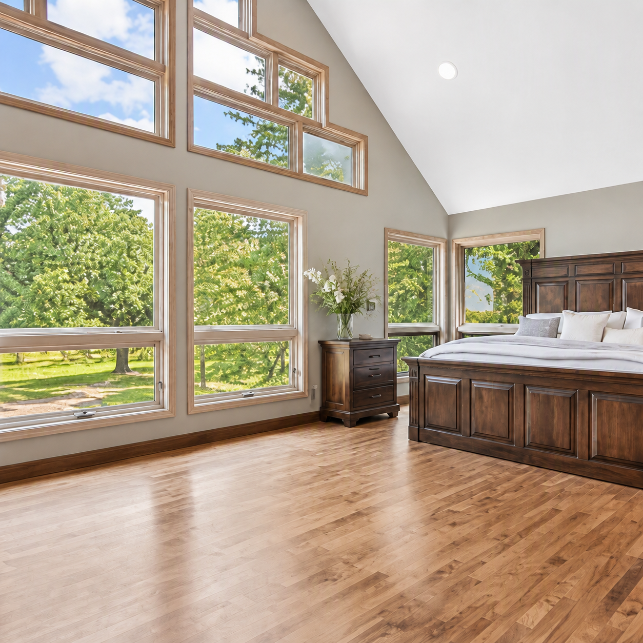 A true owner’s suite- vaulted ceilings, a wall of windows that flood the space w/ natural light & offer scenic views w/ sliding doors leading to a 4-season porch & deck overlooking the pond & gazebo. Rich walnut floors & trim add warmth & character.