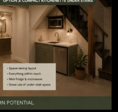 Potential AI rendering of an ADU space for basement space.