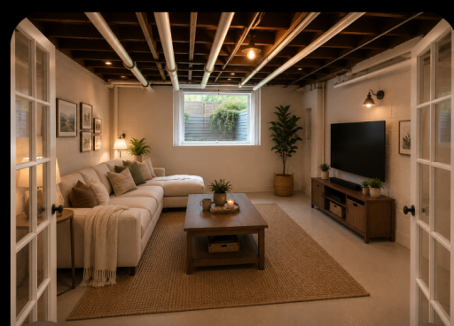 Potential AI rendering of an ADU space for basement space.