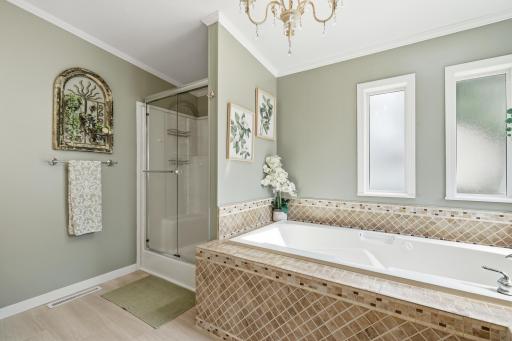 There is a separate shower and tub in this oversized primary bath.