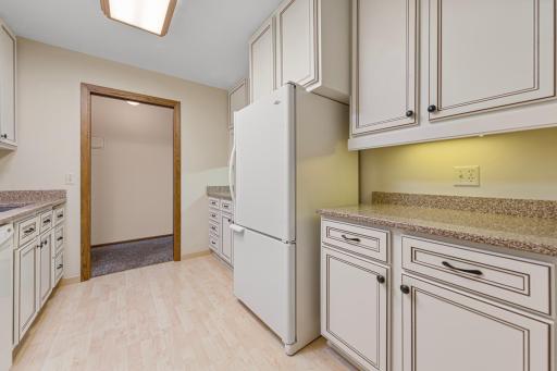 Kitchen has updated cabinets and counters, under cabinet lighting