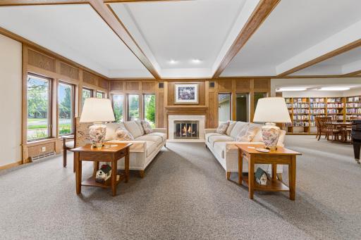 Inviting community lounge with fireplace