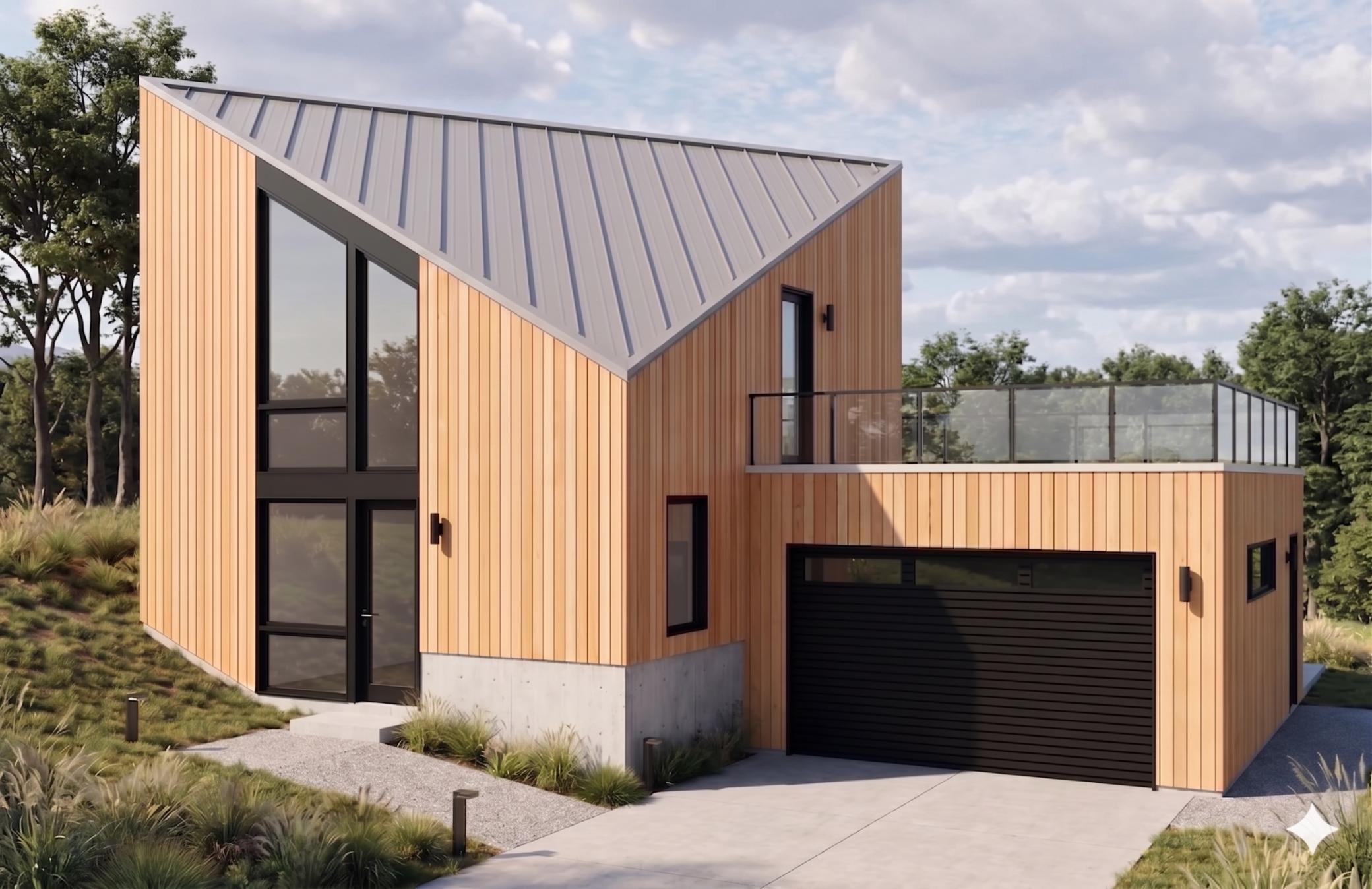 Front of Home showing the unique geometry and the large rooftop deck above the garage