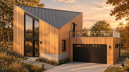 Front of Home showing the unique geometry and the large rooftop deck above the garage