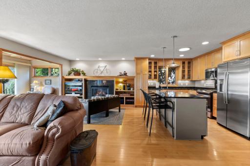 The main level boasts beautiful wood floors