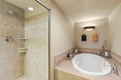 The Lower level also boasts a luxury bath with a large bubble tub and a separate walk-in shower