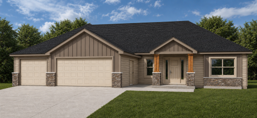 *AI-generated exterior rendering* This image is intended to provide a conceptual representation of the home. Not exact floor plan layout due to AI-generation. Not all finishes viewed are included in build. Inquire for actual finishes/layout.