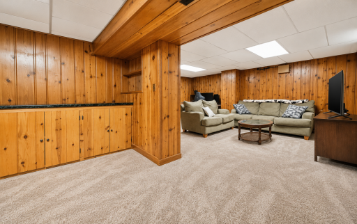 Lower level staged and highlighting the cabinets for additional storage.