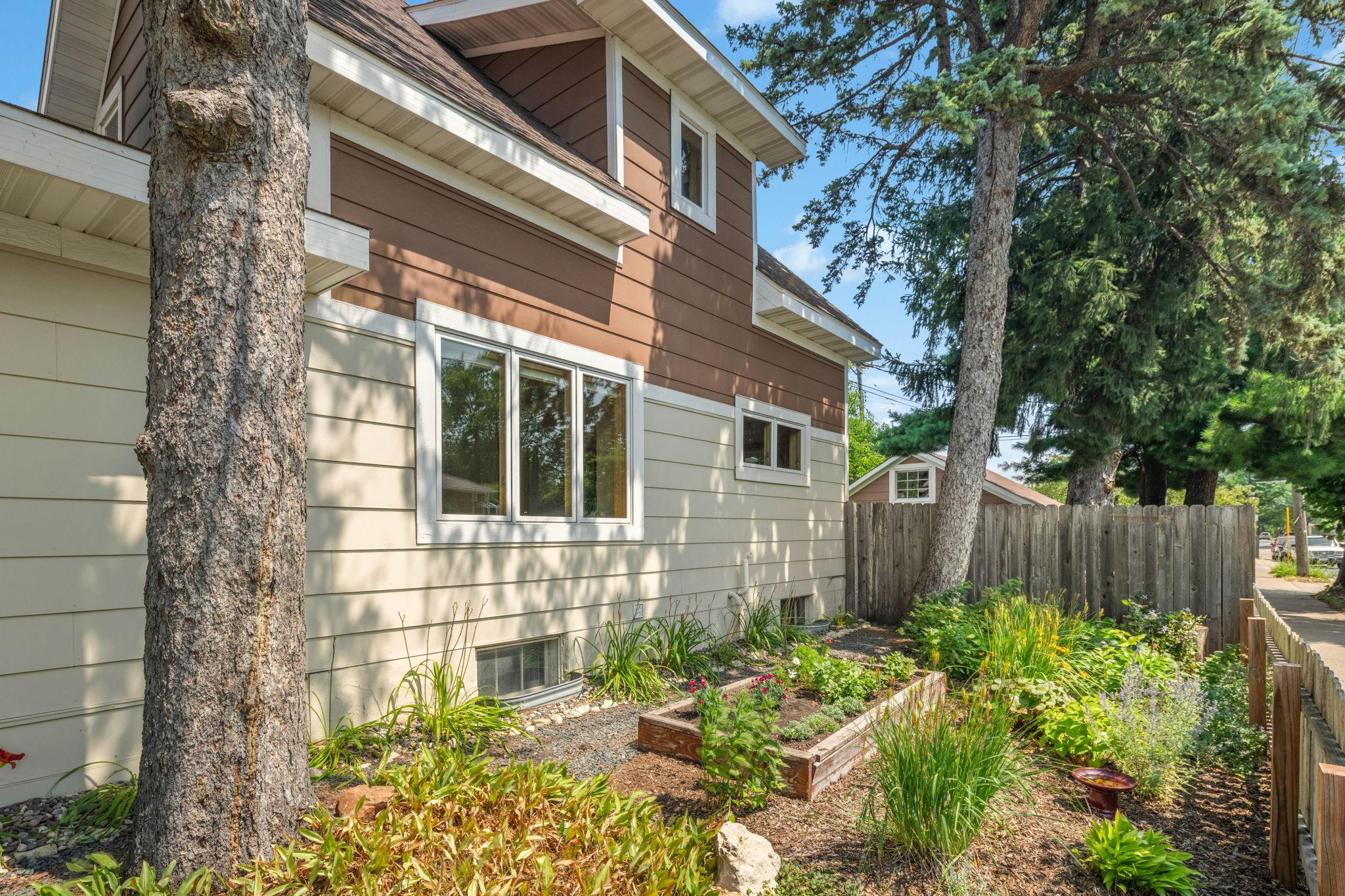 South-facing garden area and plantings.