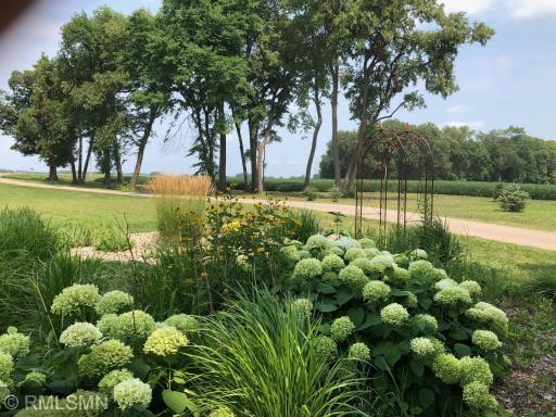 The tree-lined driveway has floral perennial gardens!