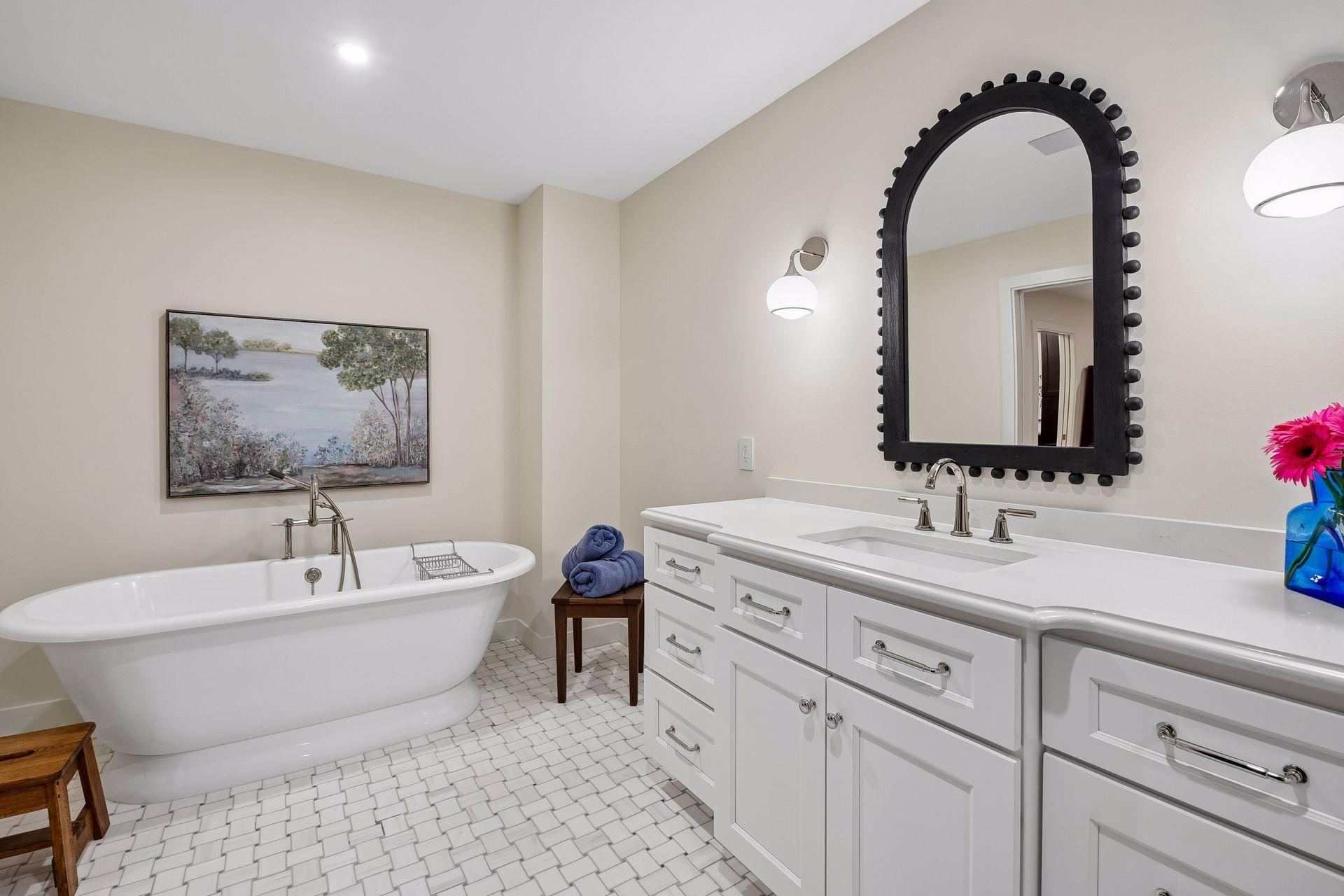 Elegant soaking tub creates a relaxing primary bath retreat