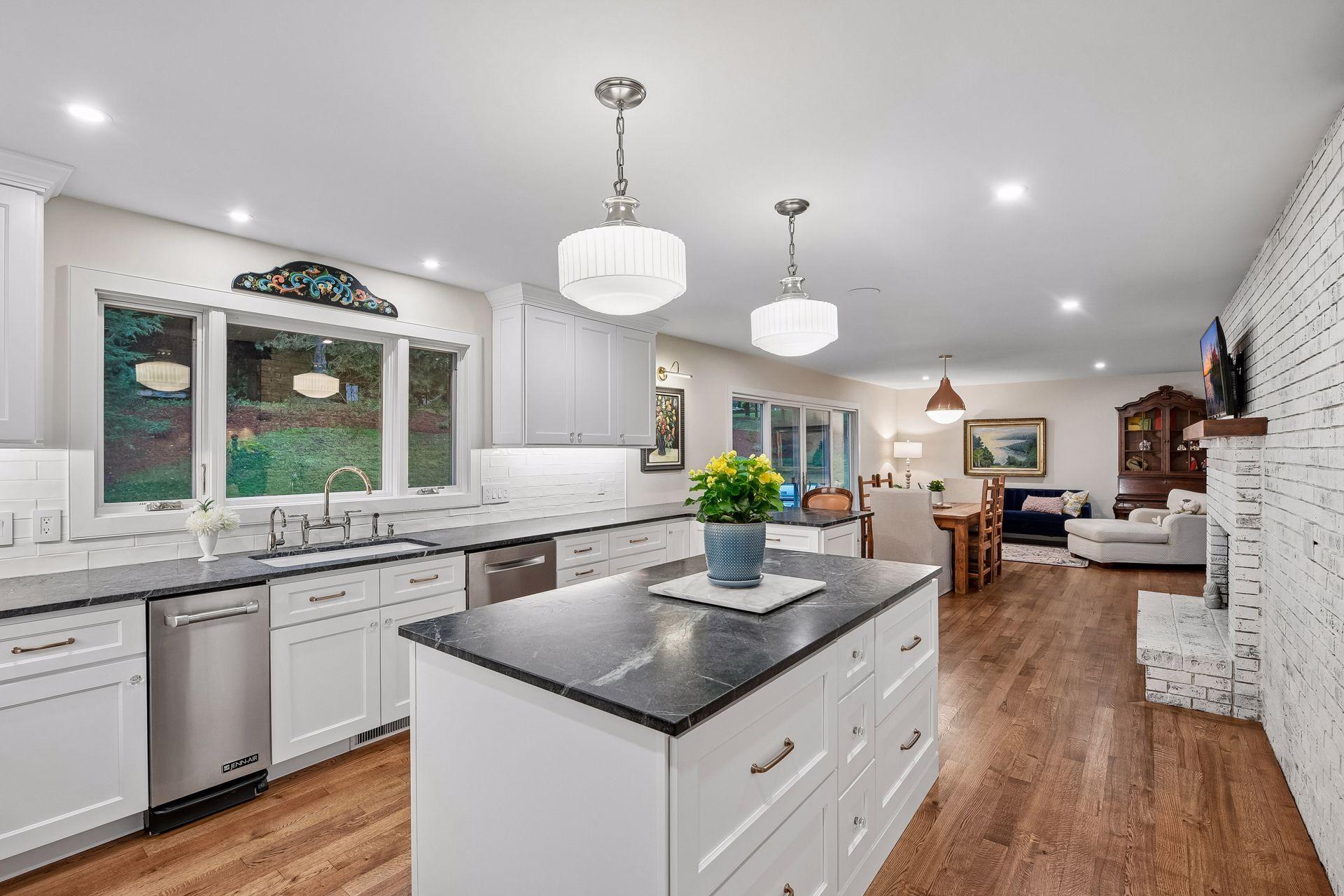 Expansive kitchen island offers generous prep and gathering space