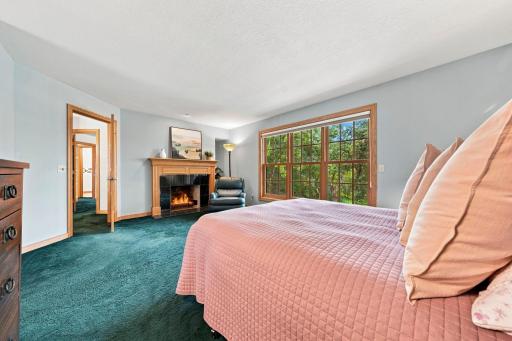 Primary bedroom suite has a fireplace and new Marvin windows.