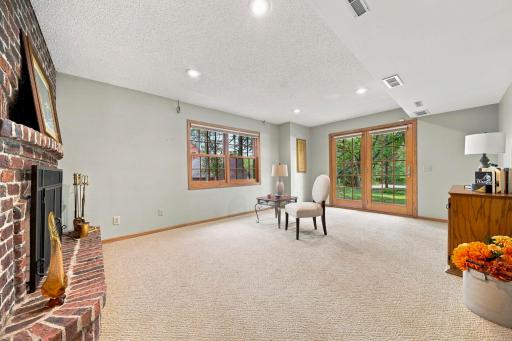 Walk-out lower level family room with brick fireplace. Exposed aggregate patio that leads to the huge flat side yard.