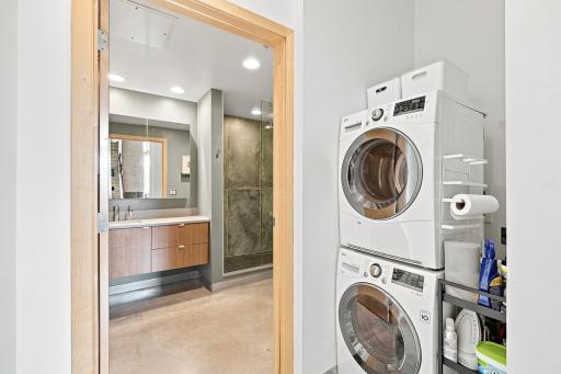 Convenient double-stacked W/D and fully remodeled bathroom.