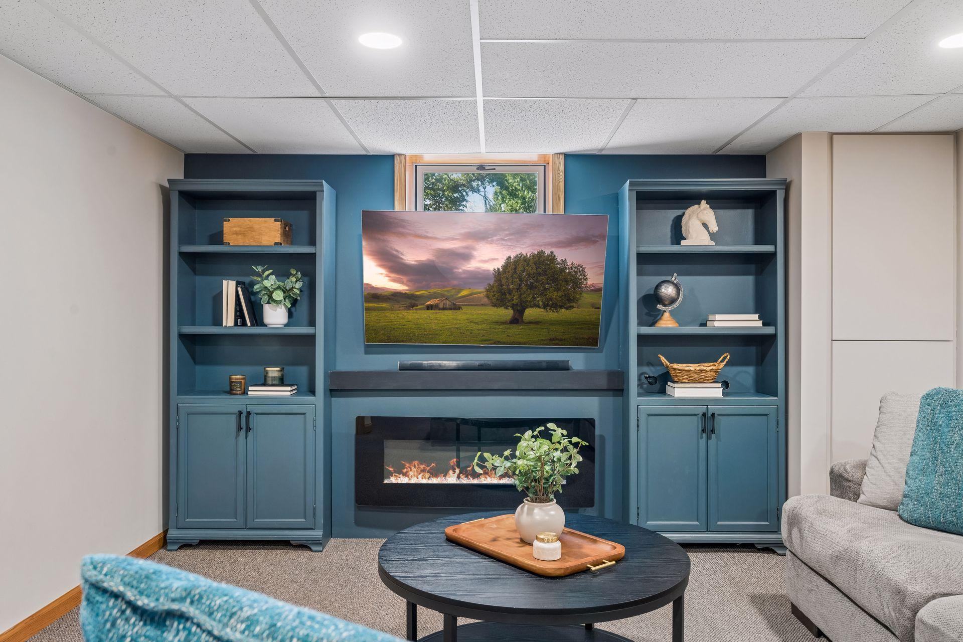 Isn't this beautiful? Newer fireplace, recessed lighting and built ins