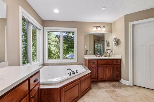 Primary bath features dual vanities, jetted tub and beautiful wooded views.