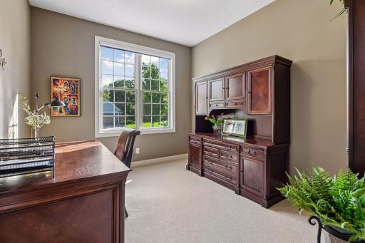 Main-level office offers a comfortable, dedicated work-from-home space.
