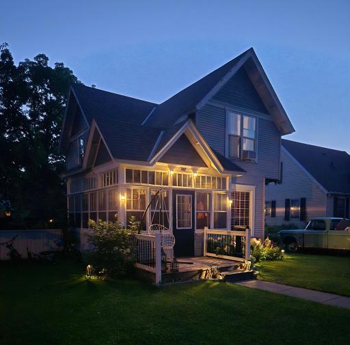 A peaceful nighttime view of the home's exterior.