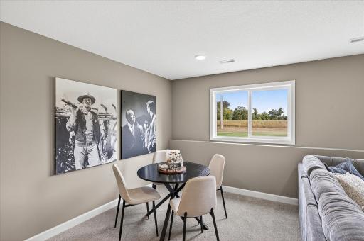 Finished lower level family room - photos are of a staged model home of the same floorplan. Selections and colors may differ.