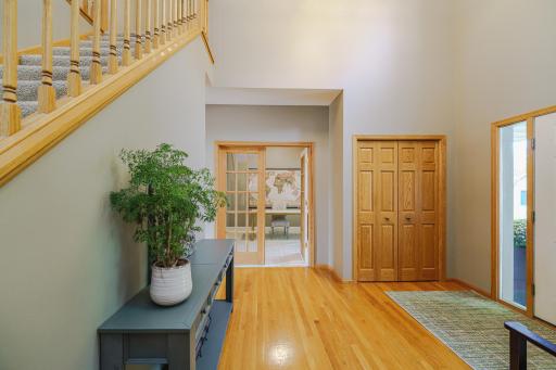 The main floor office has gridded glass French doors and lies just off the entry.