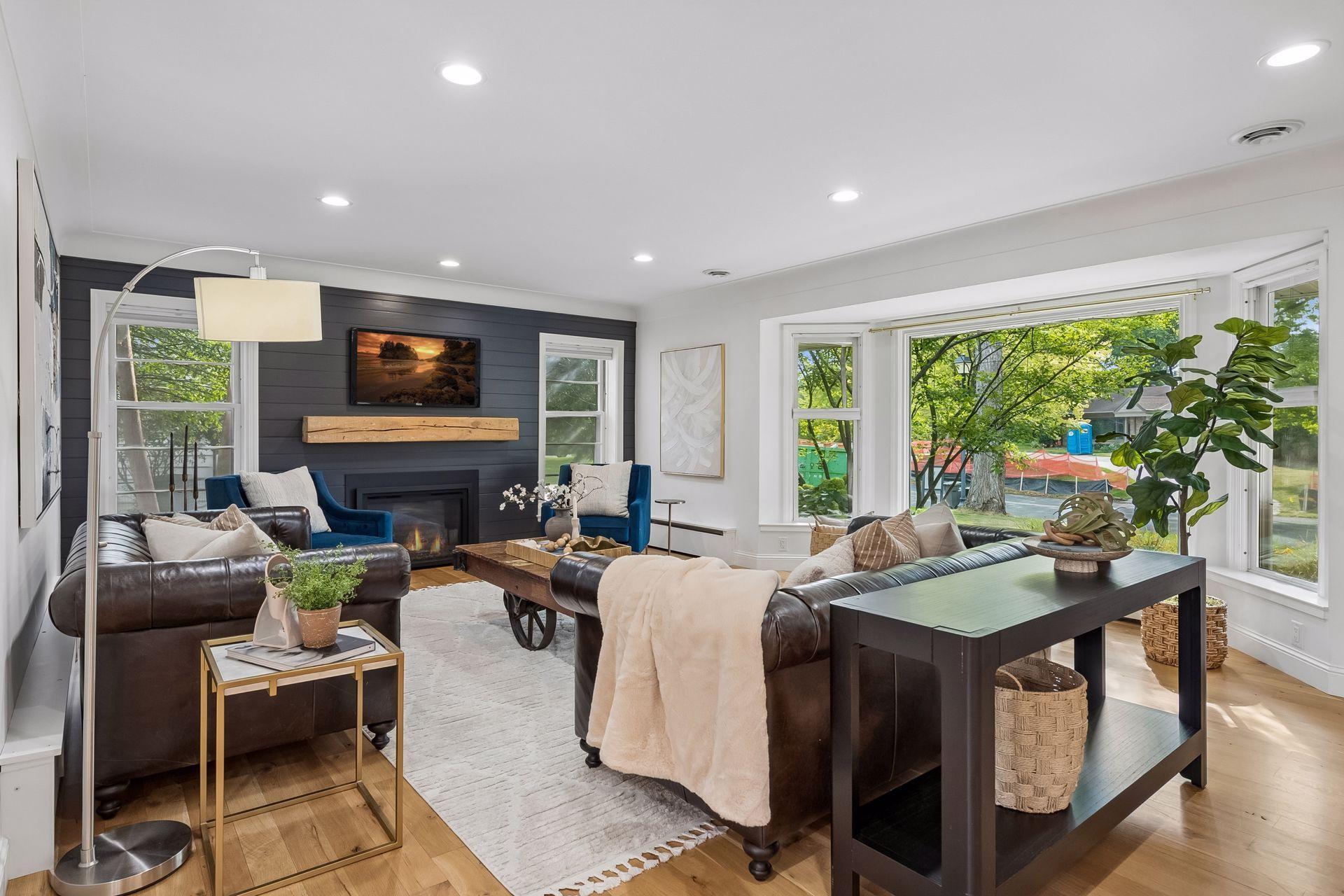 Main level living room with gas fireplace