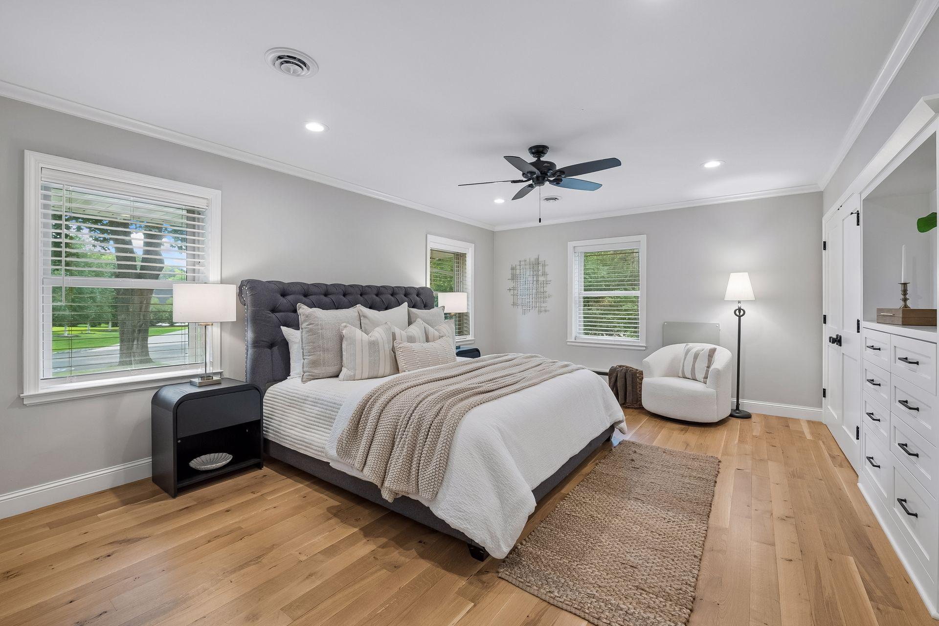Main floor Primary bedroom with refreshed 3/4 walk-in shower