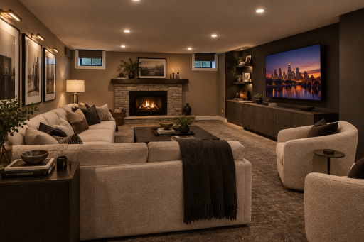 Lower level family room for movie night? With a dark and moody paint color, this AI generated photo of the decor would make this a great space for movie night! Actual shot of room, decor added virtually.