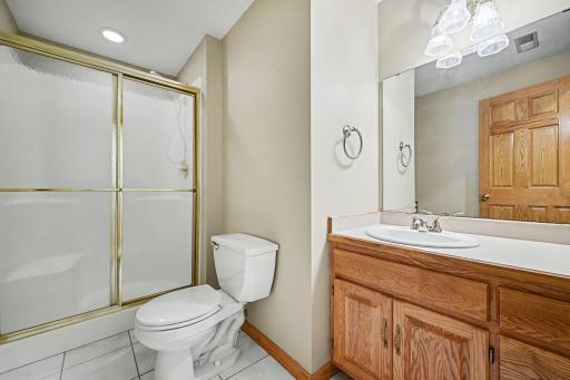 Lower level three-quarter bath serving the finished family room and guest bedroom.