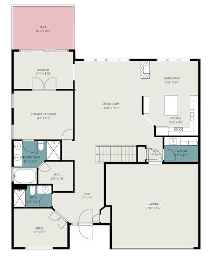 Main level floor plan featuring open living spaces, primary suite, den, sunroom, and laundry.