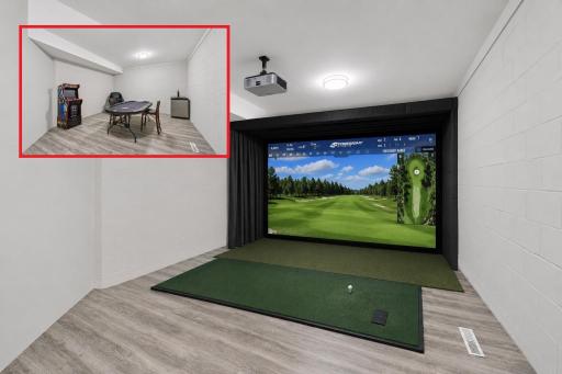 **VIRTUALLY CREATED** Beyond the home gym is a fun game room (see red outlined photo). It would make a great sports simulator, sauna/cold plunge room, or yoga space. Not pictured in the lower level is an additional 1000sf of unfinished storage.