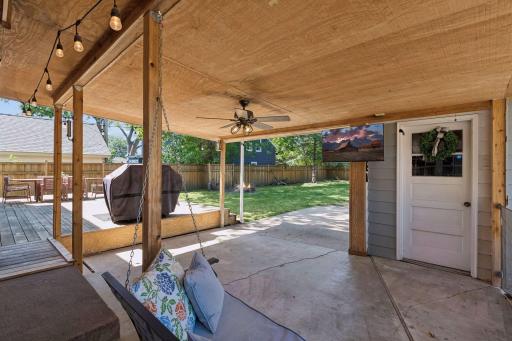 Plenty of space for outdoor furniture and seating area. Attached swing for relaxing watching your favorite shows.
