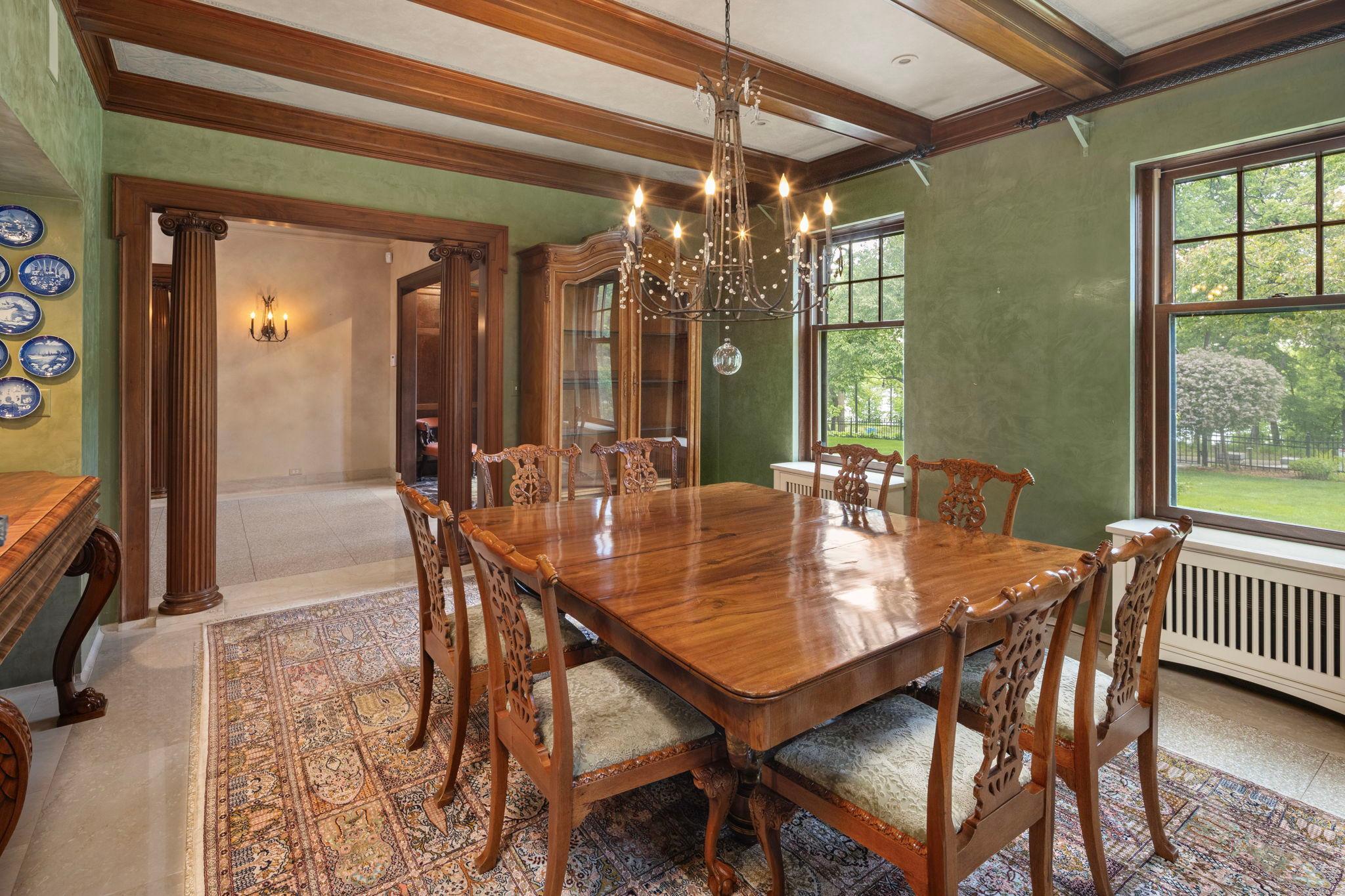 Beamed formal dining room