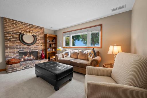 This beautiful brick fireplace is the focal point of the cozy downstairs family room. Newer windows and neutral carpet.