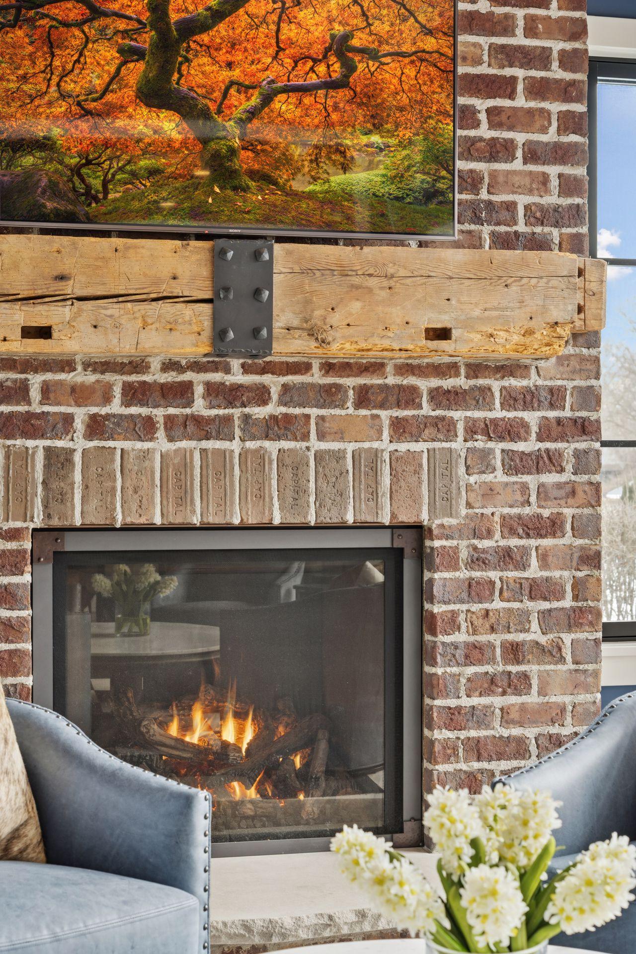 Gas Fireplace with Vintage Brick & Reclaimed wood from Virginia