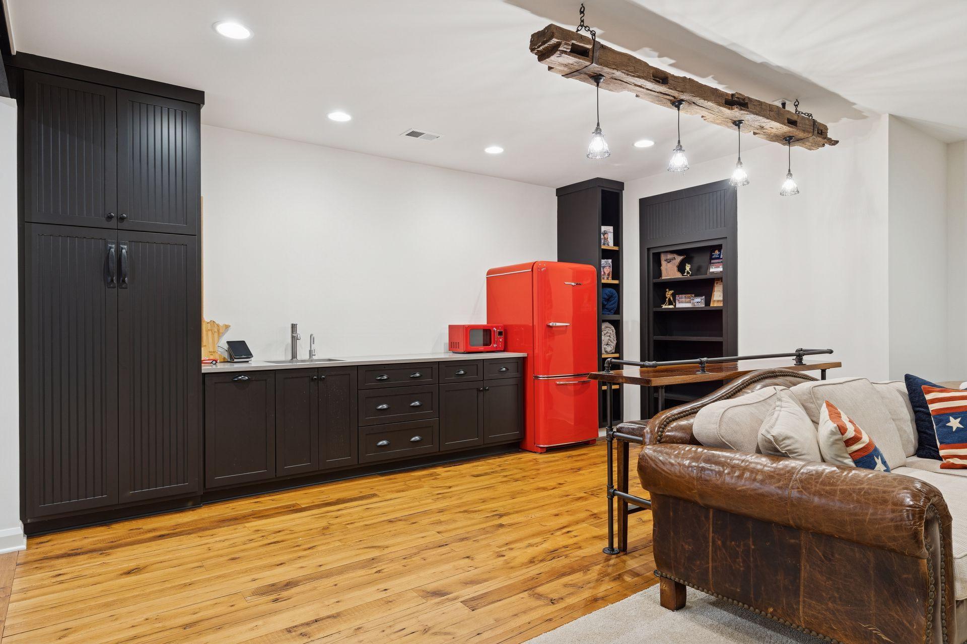 Wet Bar with Full Fridge - custom light fixture with reclaimed wood from Virginia