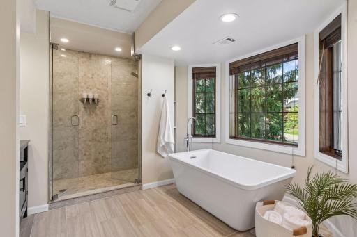True spa feel design to the walk-in shower and soaker tub. There is an additional mirrored area to the left.