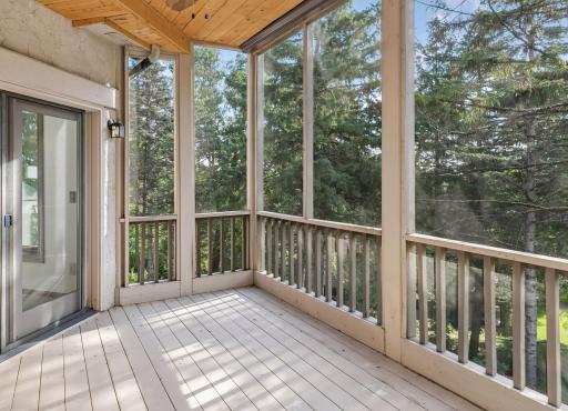Main floor 3 season porch overlooking the evergreens that connects to the Main Floor Bedroom and the Living Room