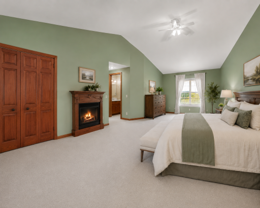 This view showcases the primary suite’s cozy gas fireplace, generous closet storage and convenient access to the private bath. The vaulted ceiling and expansive layout create a comfortable retreat with plenty of room to unwind.
