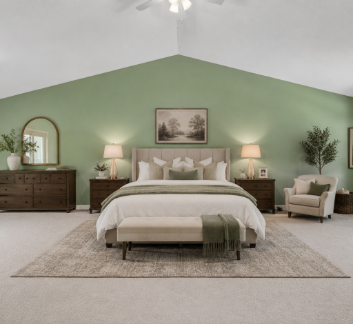 A spacious primary suite with a soaring vaulted ceiling creates a peaceful, beautifully proportioned retreat. Thoughtful staging highlights the room’s generous scale, comfortable sitting area and inviting sense of calm.